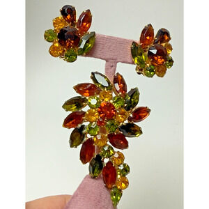 Vintage Tara Signed Autumn Colors Rhinestone Brooch Pin & Clip Earrings D&E MCM